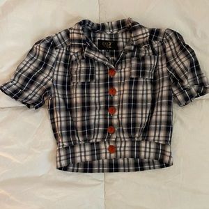 Blue plaid button up with cute red buttons from House of Foxy